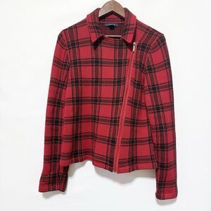 Chaps Sweater Womens L Red Black Plaid Long Sleeve Moto Zip Front Cotton